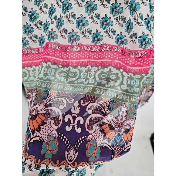 American Rag Womens Sz M 3/4 Sleeve Tunic Blouse Patchwork Print Boho Semi Sheer - Picture 5 of 6